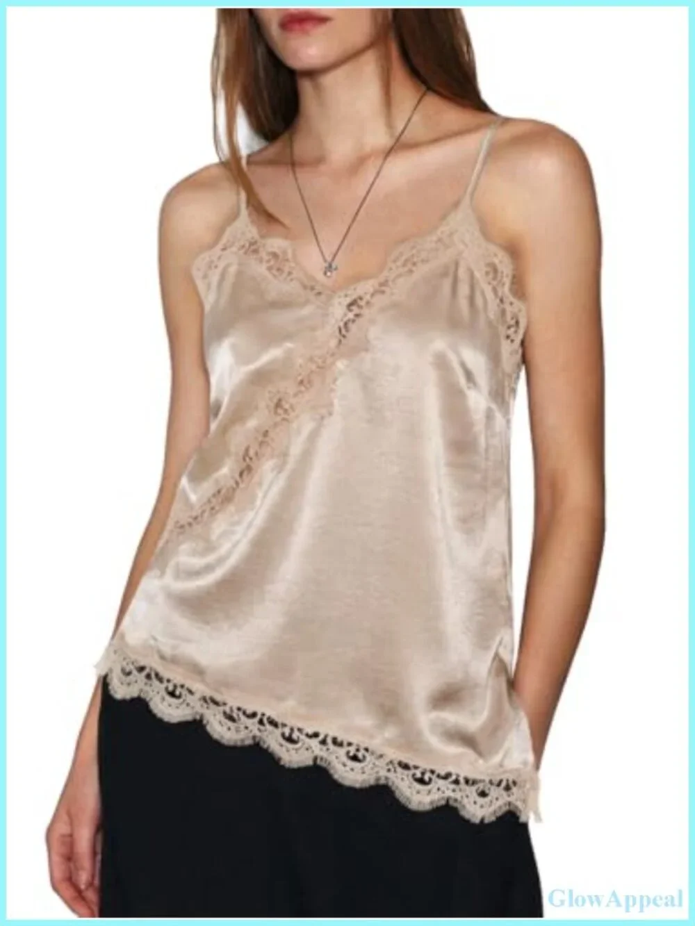 Women Satin Cami Top Spaghetti Strap Lace V Neck Asymmetrical Hem Tank Tops